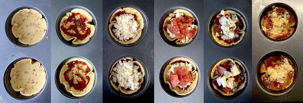 postup prípravy mini pizze z tortilly v jednotlivých krokoch