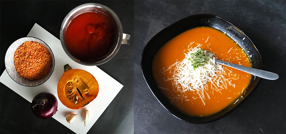 suroviny na tekvicovo paradajkovú polievku a tekvicová polievka