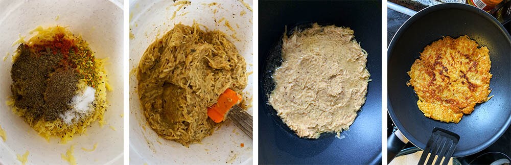 Postup prípravy zemiakovej placky od miešania ingrediencií po smaženie
