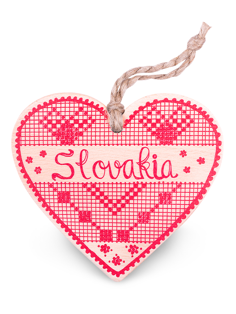 Drevené srdce Slovakia výšivka - natural červené