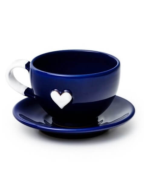 Šálka s tanierikom mini modrá srdce biele