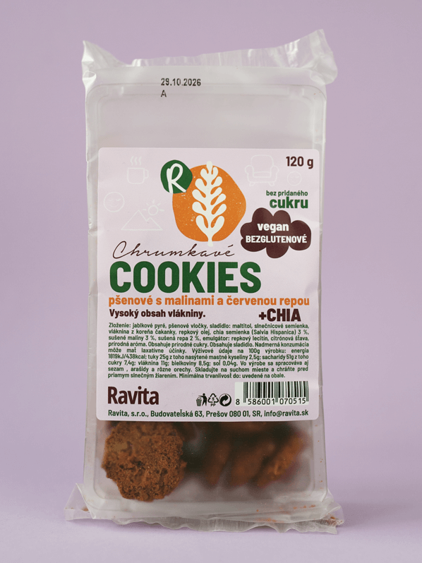 Ravita Cookies pšenové s malinami a červenou repou + CHIA 120g