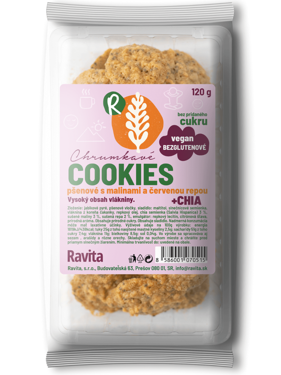 Ravita Cookies pšenové s malinami a červenou repou + CHIA 120g
