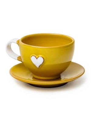 Šálka s tanierikom mini žltá srdce biele