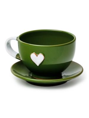 Šálka s tanierikom mini zelená srdce biele