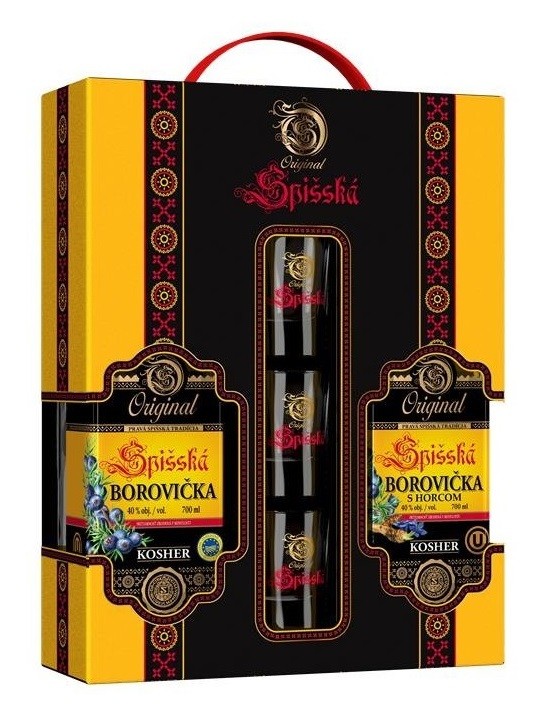 Spišská Borovička KOSHER 40% 0,7L + Borovička s horcom KOSHER 40% 0,7L + 3 poháriky v darčekovom balení