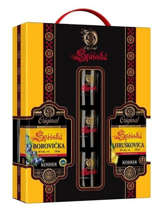 Spišská Borovička KOSHER 40% 0,7L + Hruškovica KOSHER 40% 0,7L + 3 poháriky v darčekovom balení