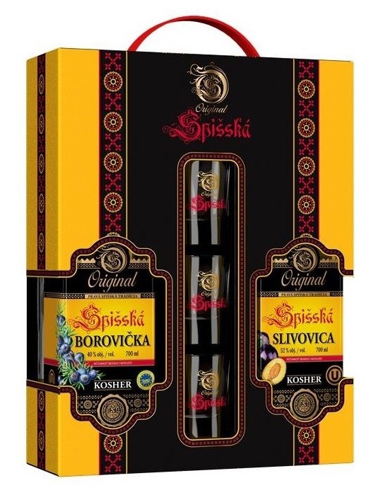 Spišská Slivovica KOSHER 52% 0,7L + Borovička s horcom KOSHER 40% 0,7L + 3 poháriky v darčekovom balení