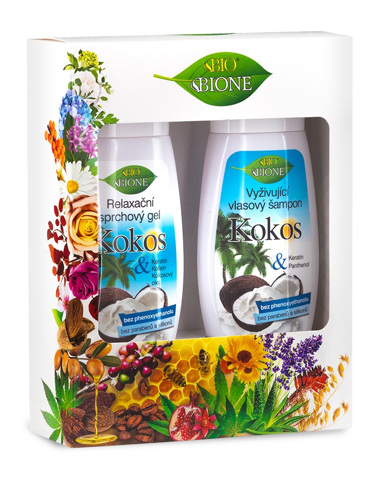 Bione Cosmetics - Darčeková kazeta KOKOS Vyživujúci vlasový šampón + Relaxačný sprchový gél